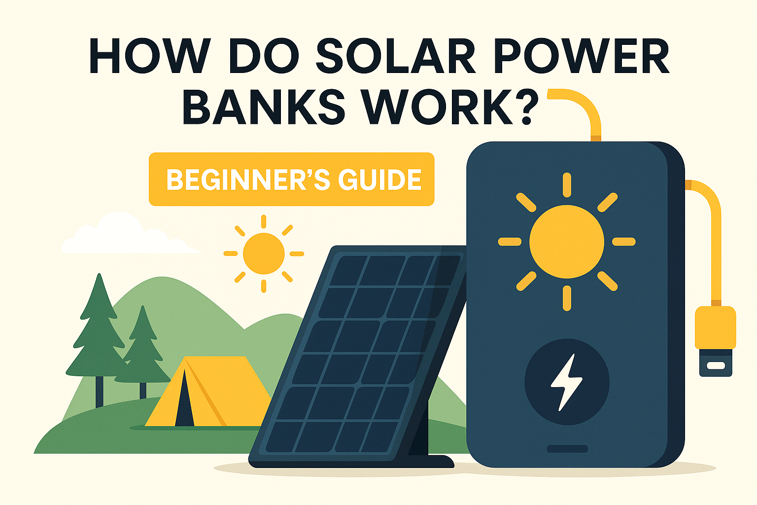 Beginner-friendly 2D digital illustration showing how solar power banks work for camping, featuring a portable charger, solar panel, and outdoor gear.