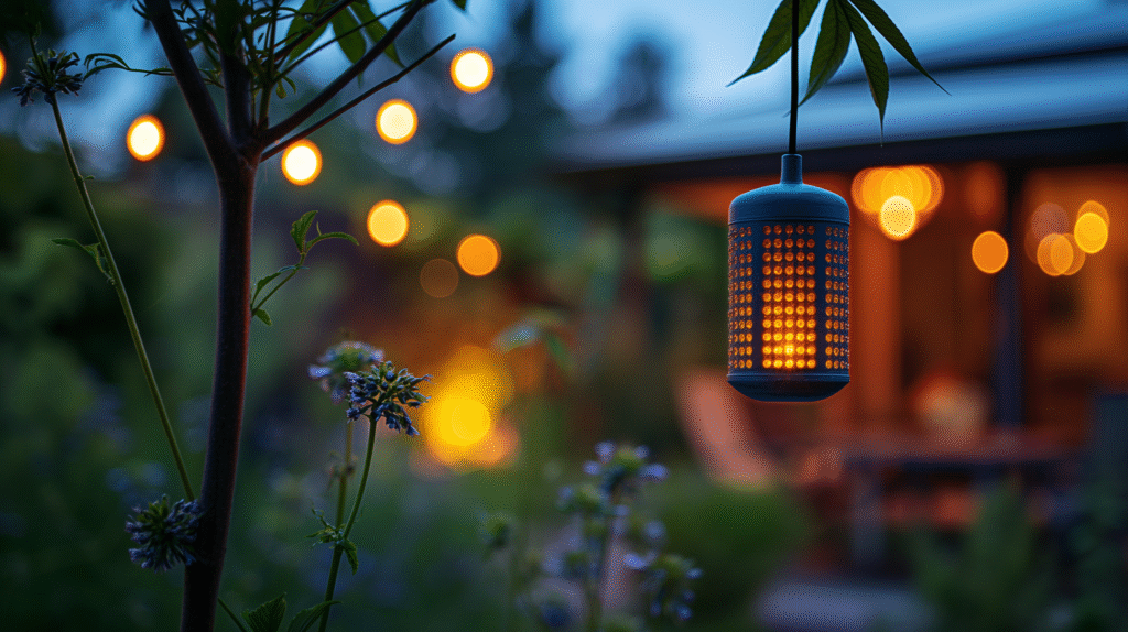 Solar-powered bug zapper glowing in a backyard garden at night, providing eco-friendly pest control.