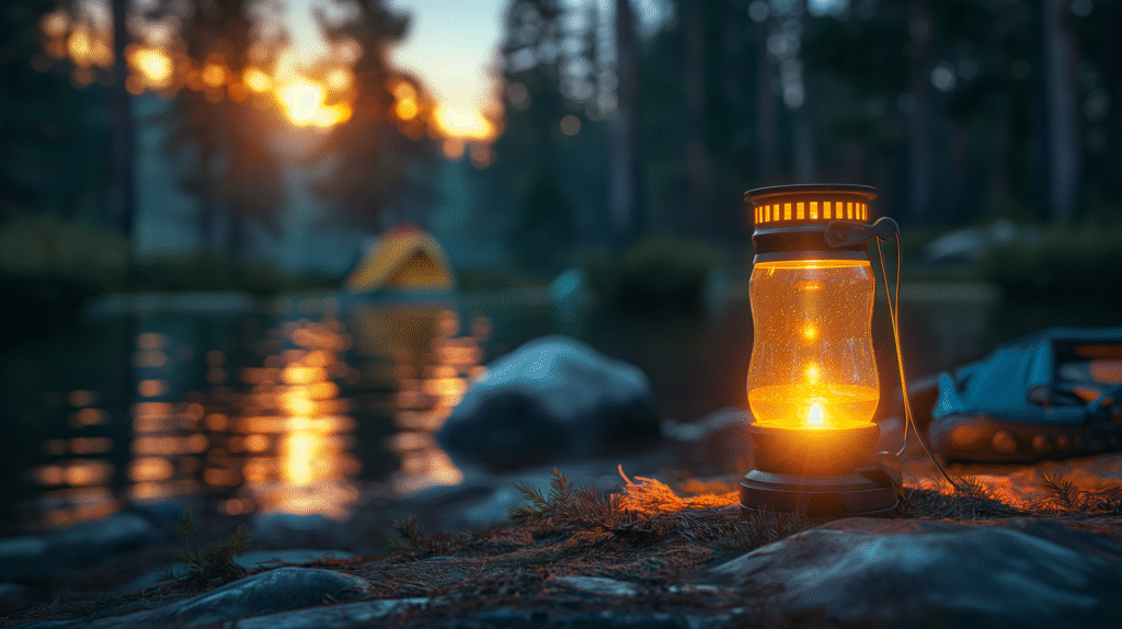 Solar camping lantern glowing at night in a tent during an outdoor adventure.