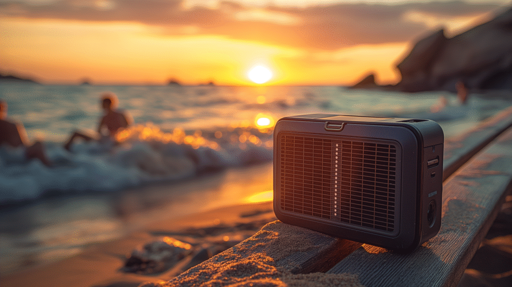 Portable solar Bluetooth speaker providing wireless music outdoors with renewable energy.