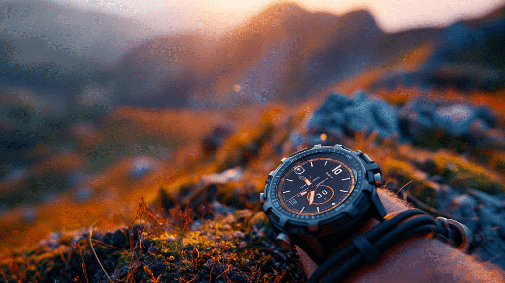 Solar-powered smartwatch charging under sunlight, designed for fitness and modern wearable technology.