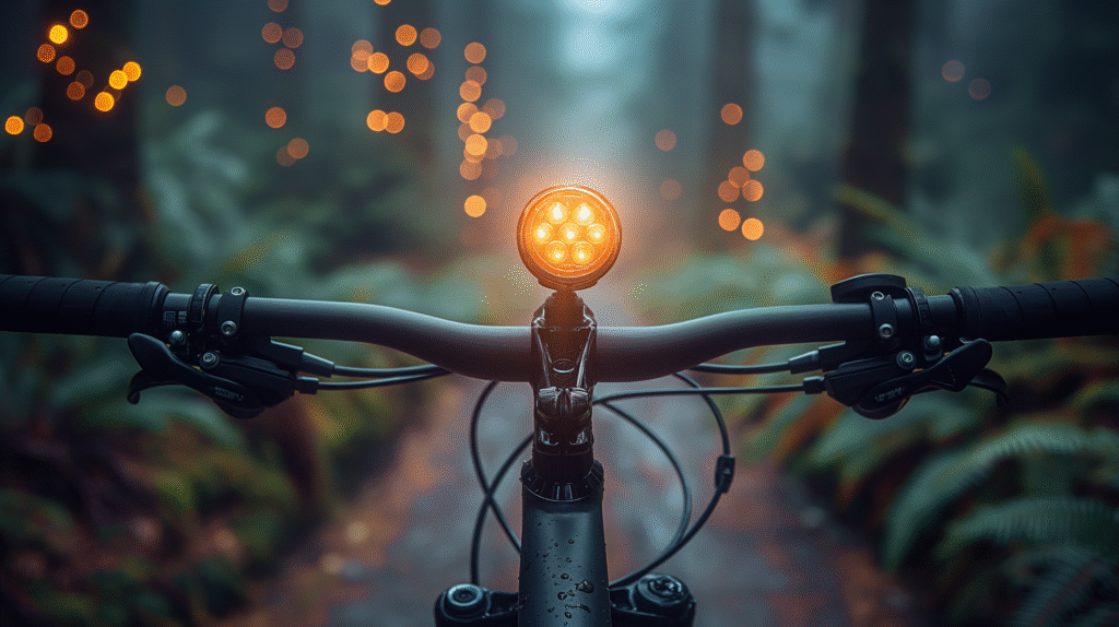 Solar-powered bike light mounted on a bicycle illuminating a road during night cycling.