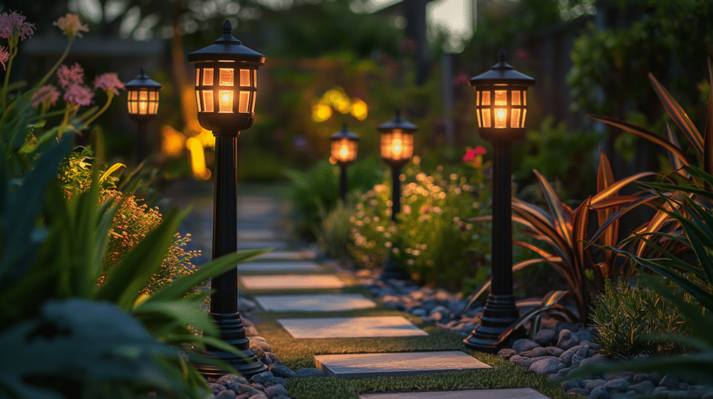 Beautiful backyard garden illuminated by solar garden lights along pathways and flower beds at dusk.