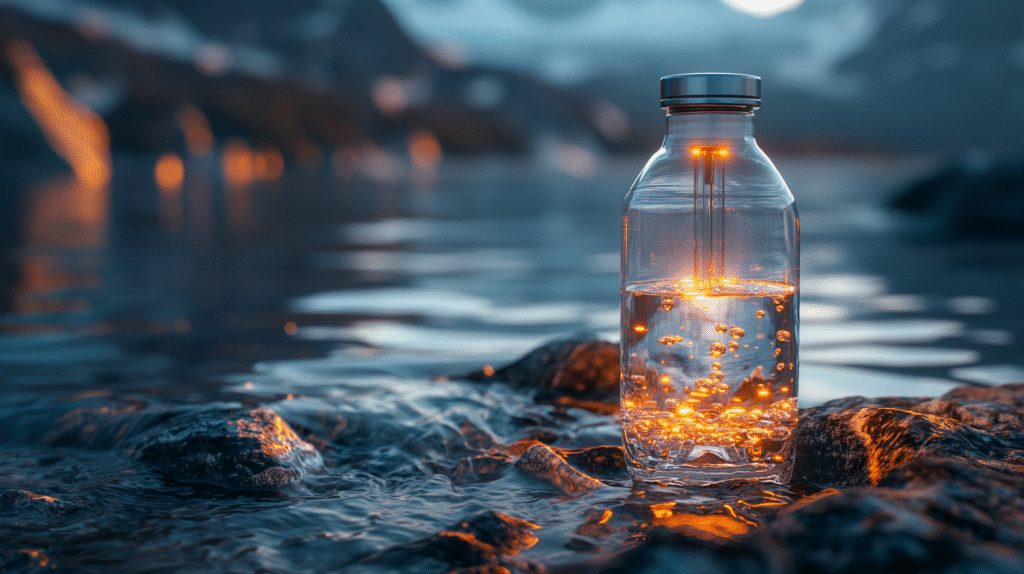 Solar-powered water bottle with UV purifier providing clean drinking water for travelers outdoors.