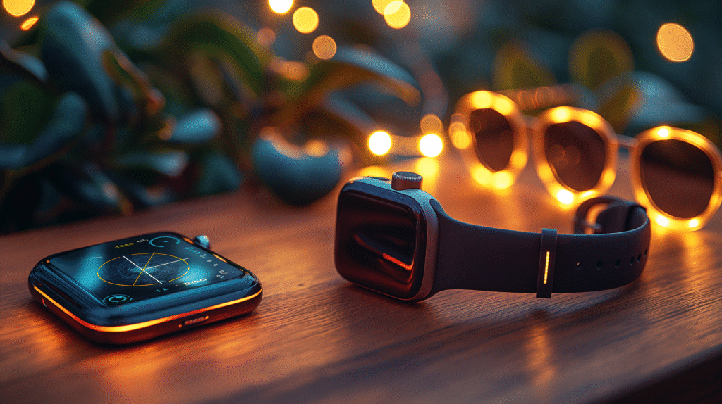 Illustration of stylish solar-powered wearables like smartwatches, sunglasses, and bracelets charging under sunlight, symbolizing the fusion of fashion and renewable technology.