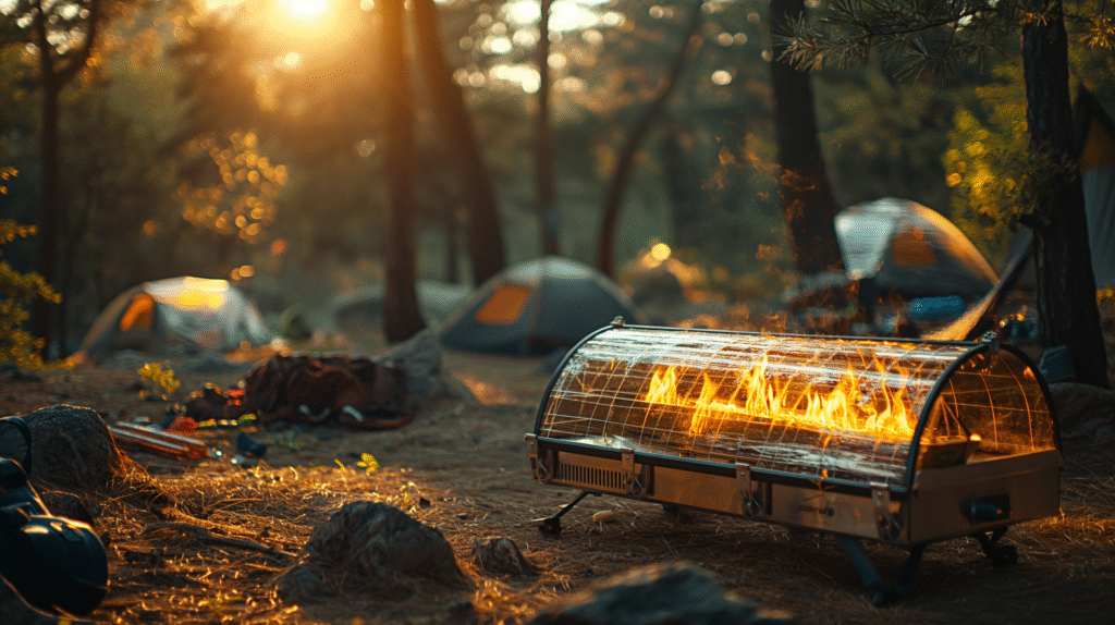 Illustration of campers using a solar oven under bright sunlight to cook outdoors surrounded by nature.
