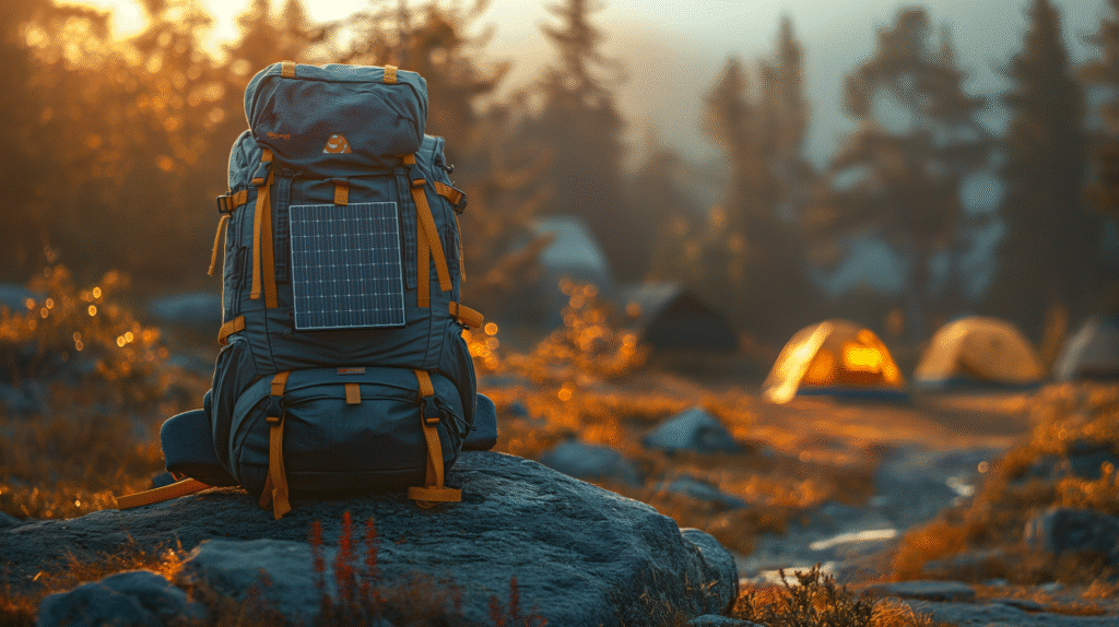 Traveler using a solar-powered backpack to charge devices while hiking outdoors.