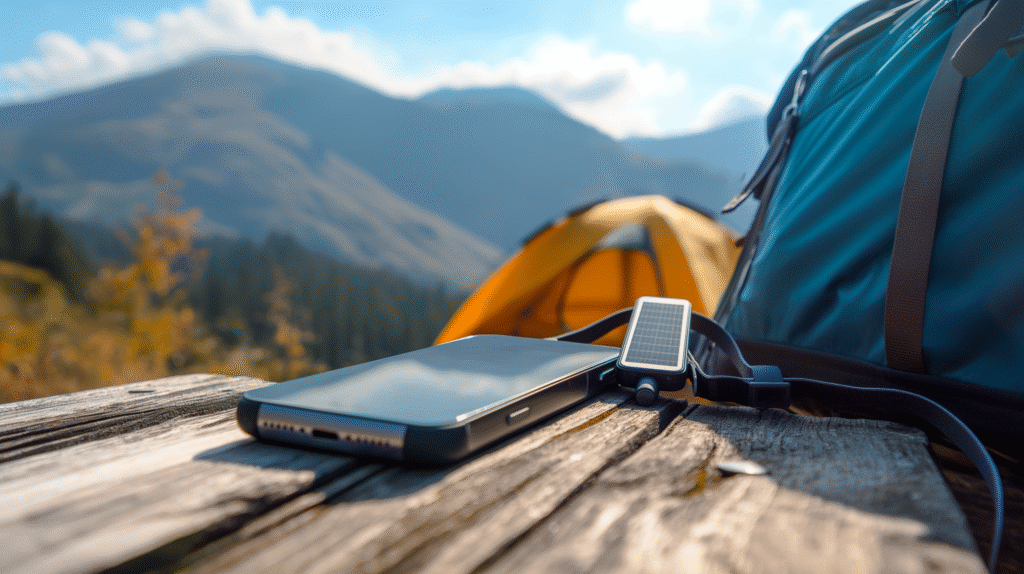 A modern iPhone charging with a sleek solar power bank under sunlight on a wooden table during outdoor travel.