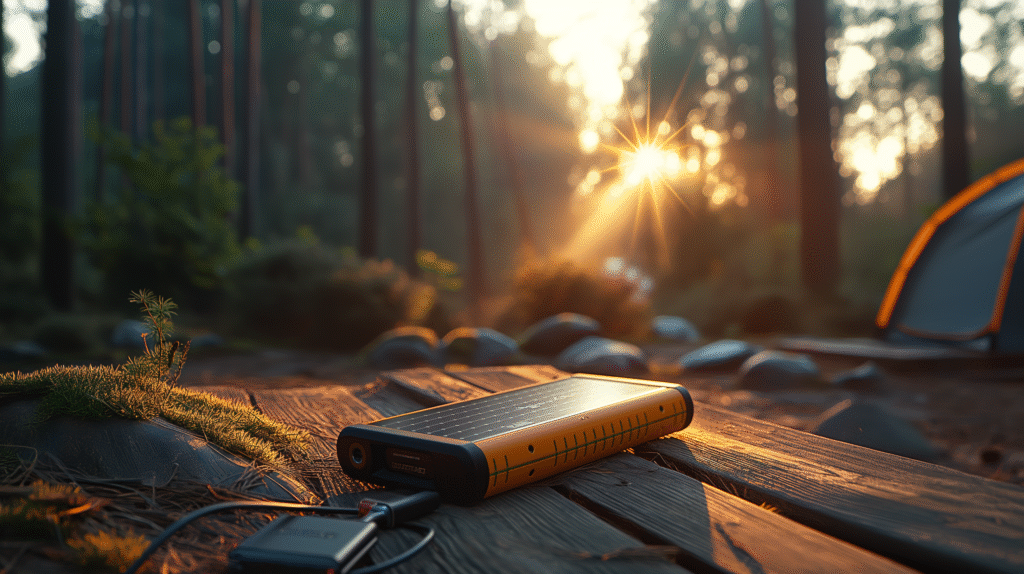Traveler using a solar power bank to charge a smartphone outdoors under the sunlight.