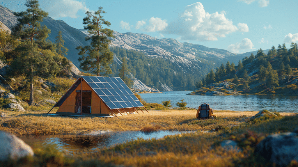 Traveler using foldable solar panels to charge devices outdoors during camping trip.