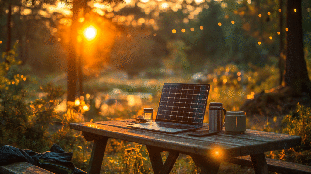 Solar-powered laptop charger in use outdoors, powering a laptop for a digital nomad working remotely.