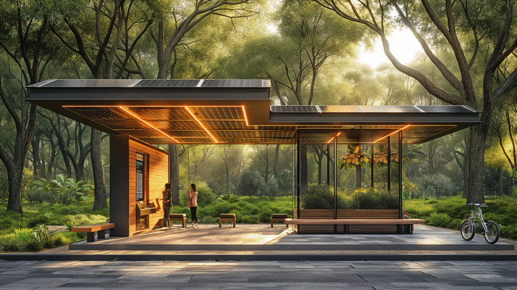 Solar charging station powering multiple devices outdoors with clean renewable energy.