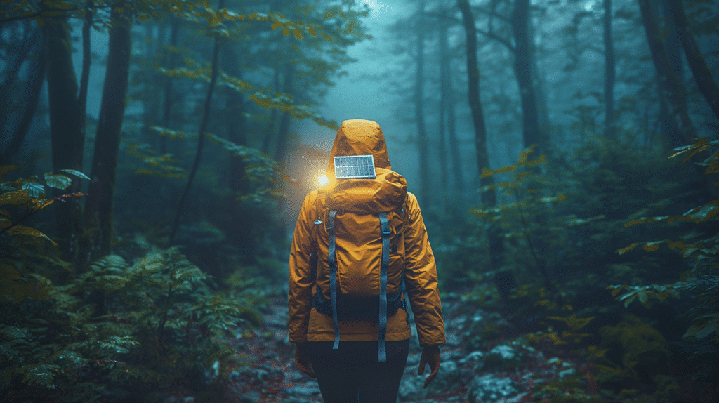 Solar-powered headlamp worn by a hiker, providing hands-free lighting during an outdoor night adventure.