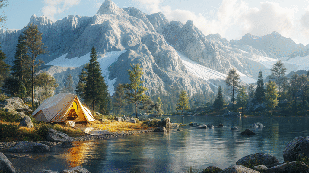 Solar-powered tent set up in a campsite with sunlight charging its integrated solar panels.