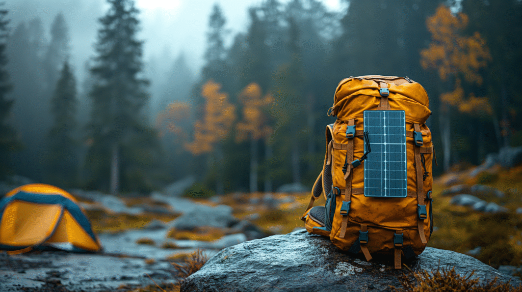 Hiker with a solar backpack charging devices while walking on a mountain trail.