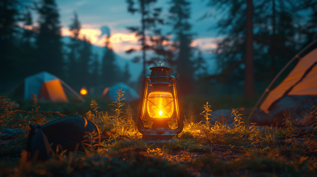 Five different solar camping lanterns glowing at night on a campsite table with tents in the background.