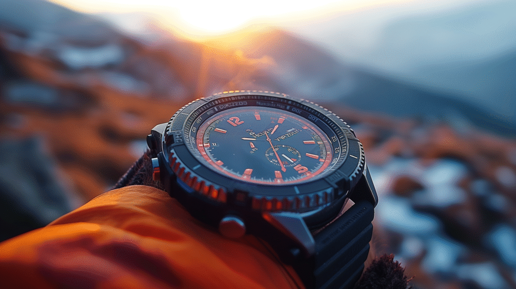 Solar-powered fitness band tracking health metrics while charging under sunlight.