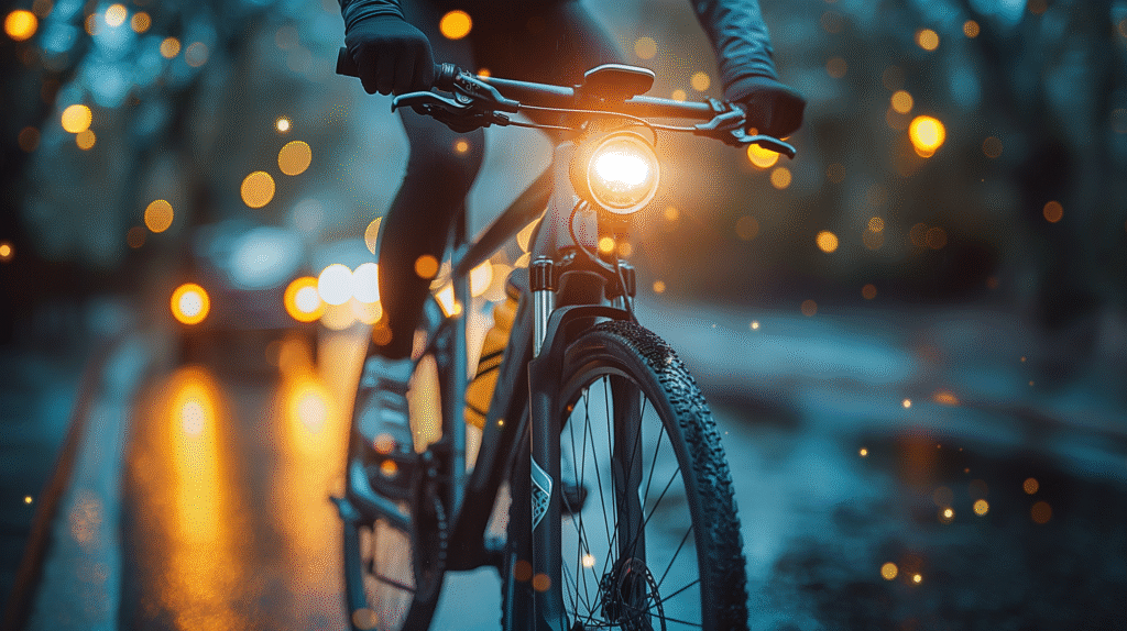 Solar-powered bike lights illuminating a cyclist’s path during a night ride, showcasing safety and eco-friendly commuting.
