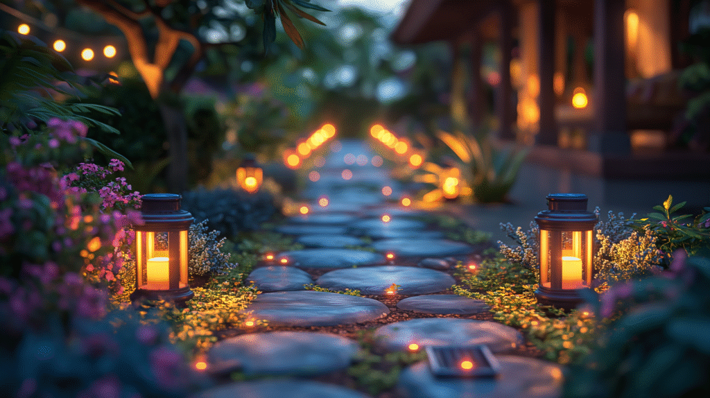 Solar-powered garden lights illuminating a pathway and yard, highlighting energy-efficient outdoor lighting.