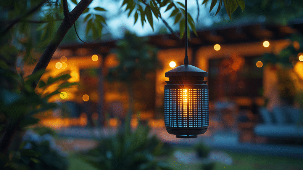 A solar-powered bug zapper glowing in a backyard at night, keeping insects away while providing eco-friendly lighting.