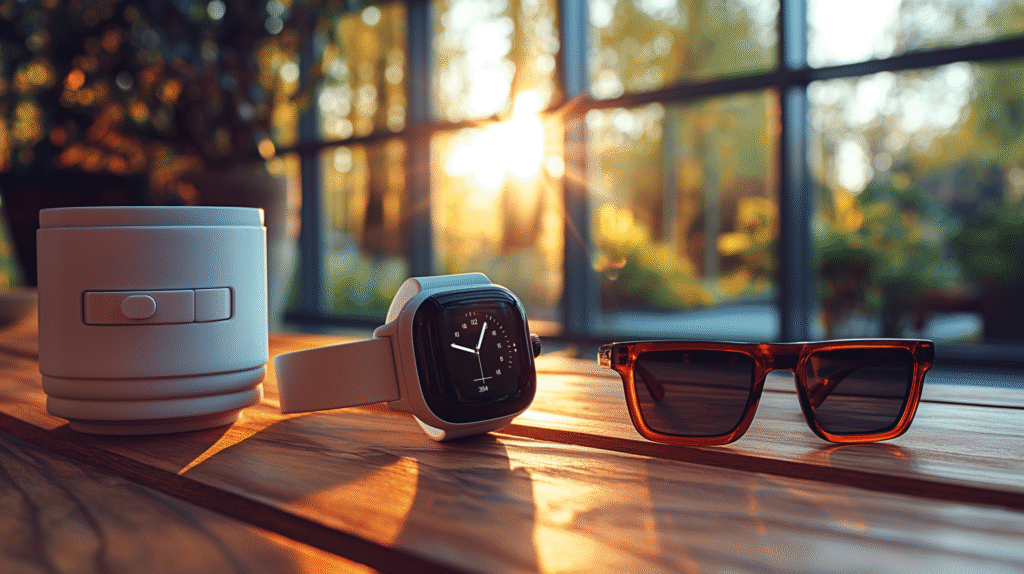 Illustration of people using solar-powered wearables like smartwatches, fitness bands, and glasses while jogging, traveling, and working outdoors under the sun.