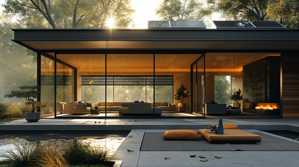 Illustration of solar smart blinds adjusting automatically to sunlight in a bright, energy-efficient home interior.