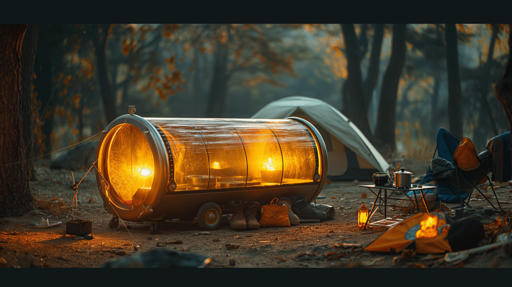 Illustration of a family cooking with a solar oven during a camping trip, surrounded by trees and sunlight.