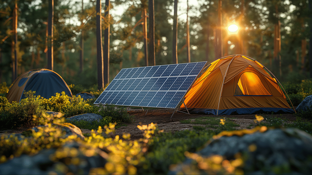 Foldable solar panels set up in the outdoors providing clean energy for camping and off-grid living.