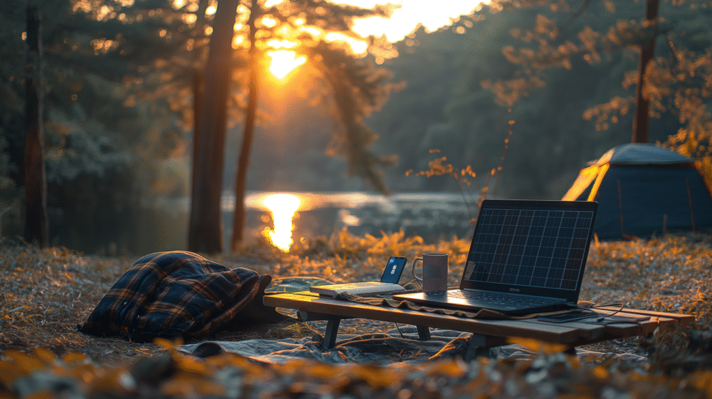 Portable solar laptop charger powering a laptop during travel, showcasing eco-friendly charging on the go.