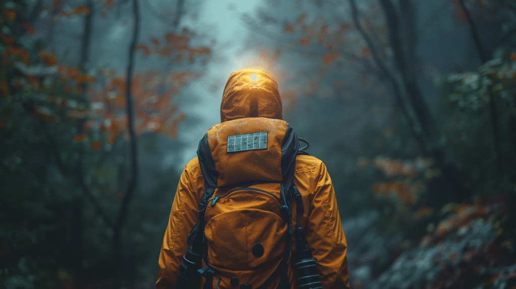 Hiker wearing a solar-powered headlamp on a trail at dusk, showcasing hands-free lighting for outdoor adventures.