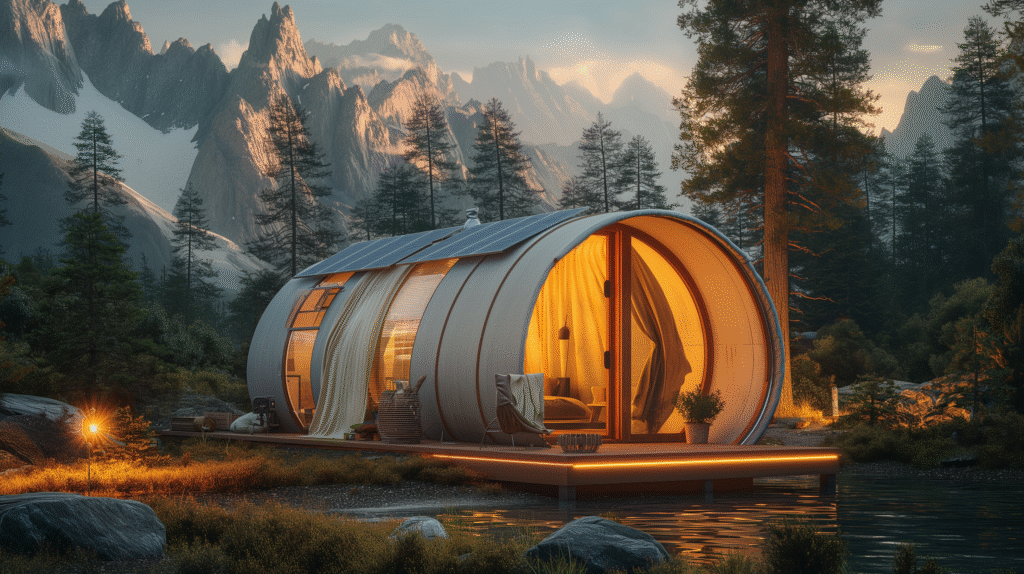 Solar-powered tent set up in a remote campsite, highlighting off-grid energy and sustainable living.