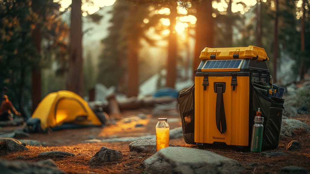 Solar-powered fridge outdoors keeping food and drinks fresh during camping and RV trips.