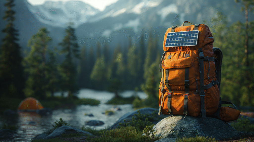 Close-up of a solar backpack with built-in solar panels charging a smartphone outdoors.