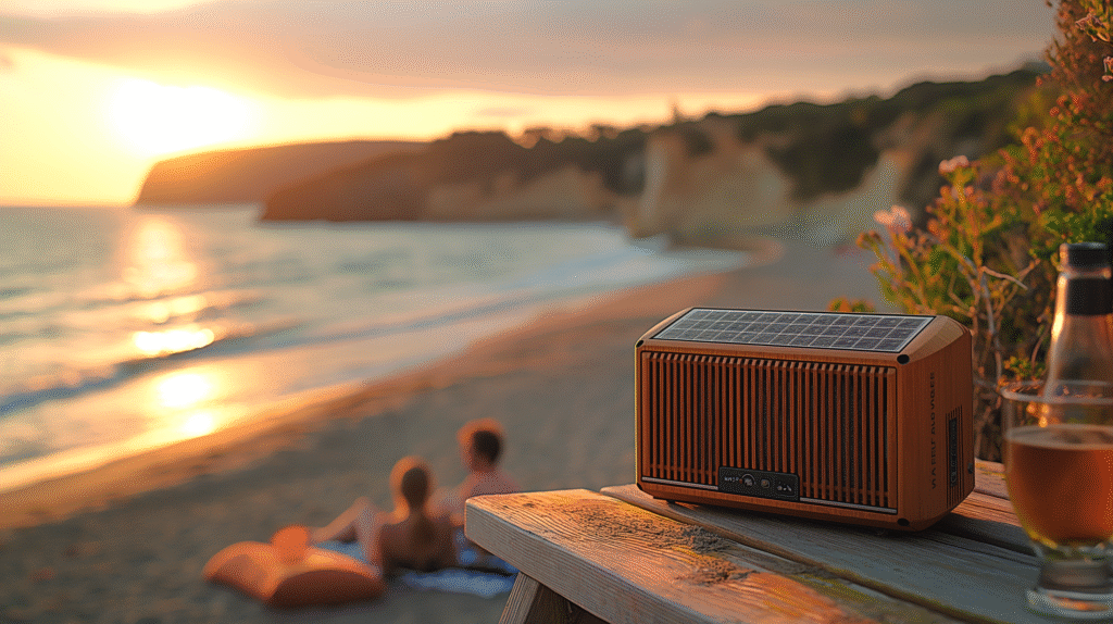 Close-up of a solar-powered Bluetooth speaker charging under sunlight.