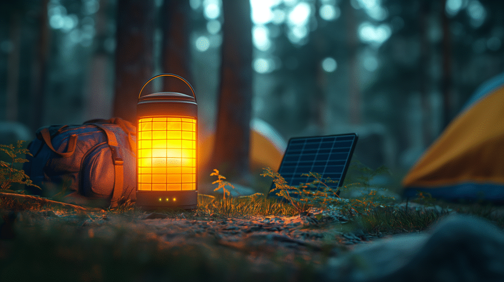 A solar-powered camping lantern providing eco-friendly illumination in a natural outdoor setting at night.