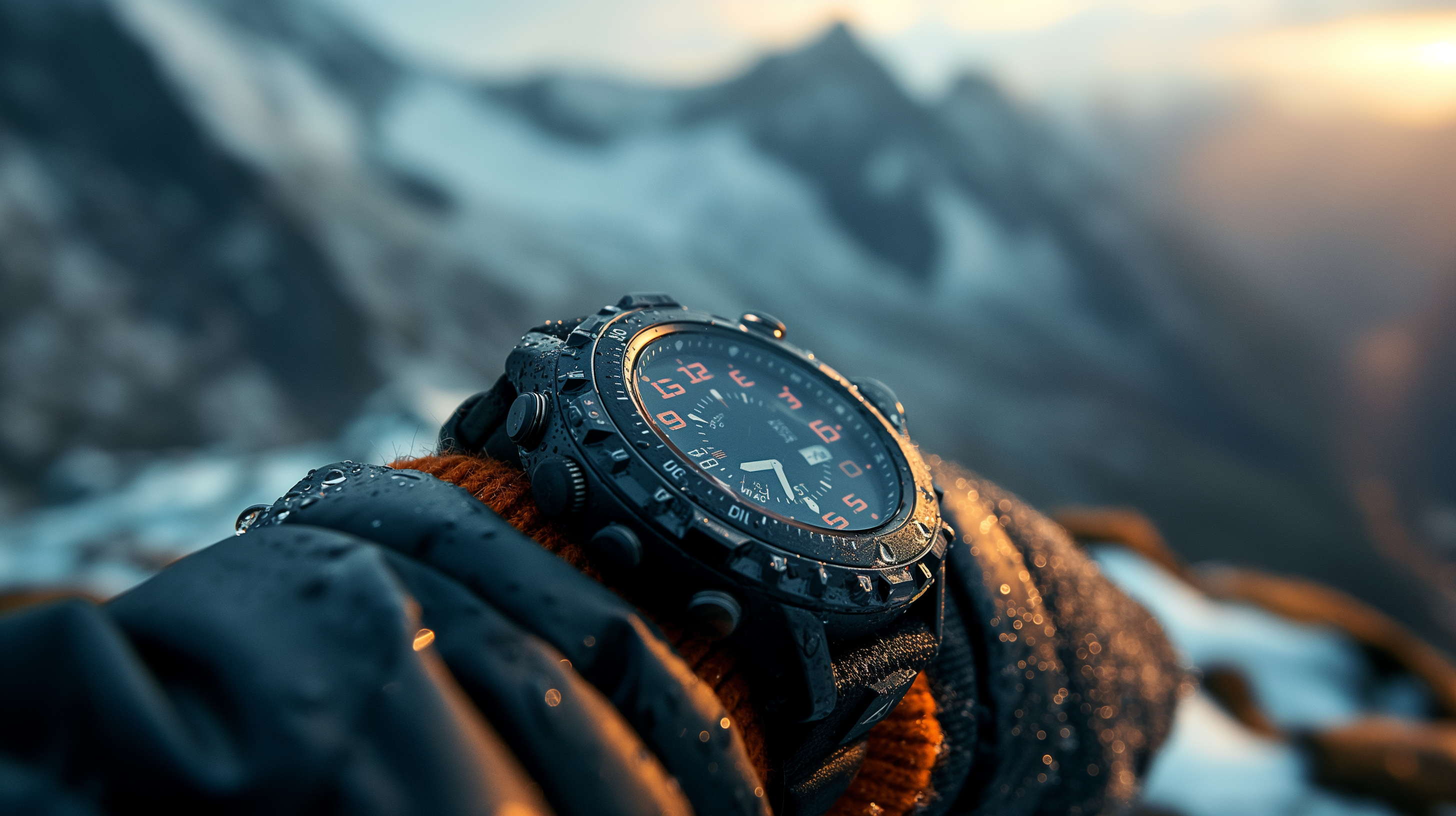 Solar smartwatch charging under sunlight with fitness and smart features displayed.