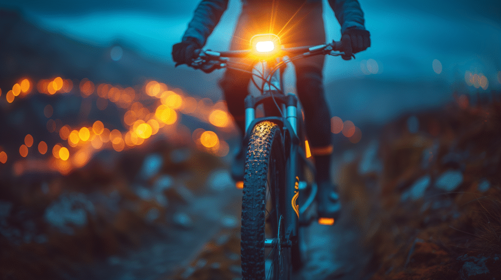 Close-up of a solar-powered bike light with visible solar panel mounted on a bicycle, showing how it charges and provides illumination.