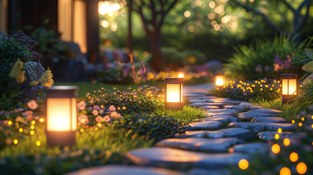 Close-up of solar garden lights charging in sunlight and glowing at night, showing how solar lights work.