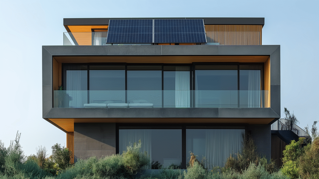 Close-up of a solar-powered security camera mounted outdoors, using solar panels to provide reliable wireless surveillance.