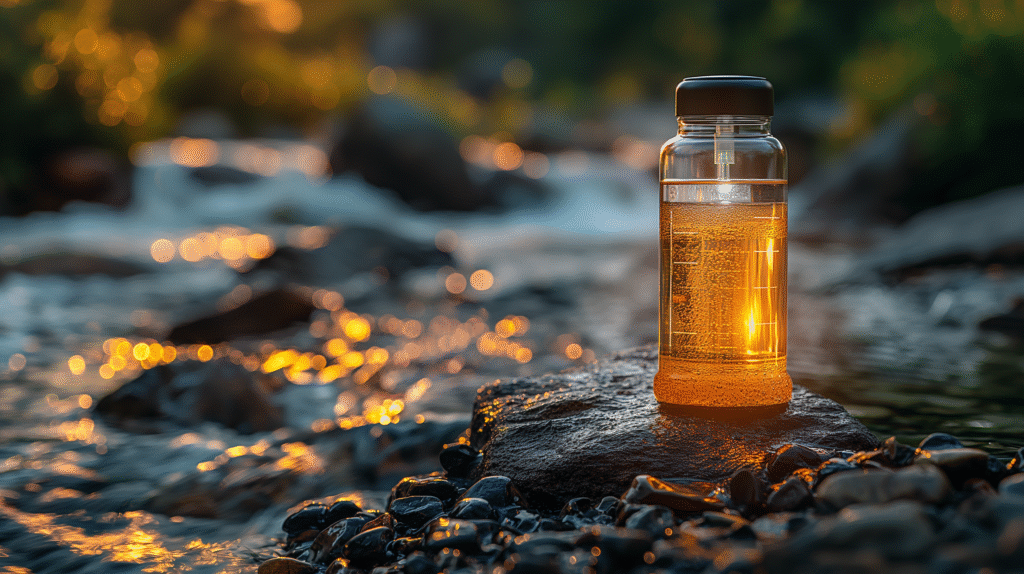 Close-up of a solar-powered UV water bottle, highlighting its solar panel and built-in purification system.