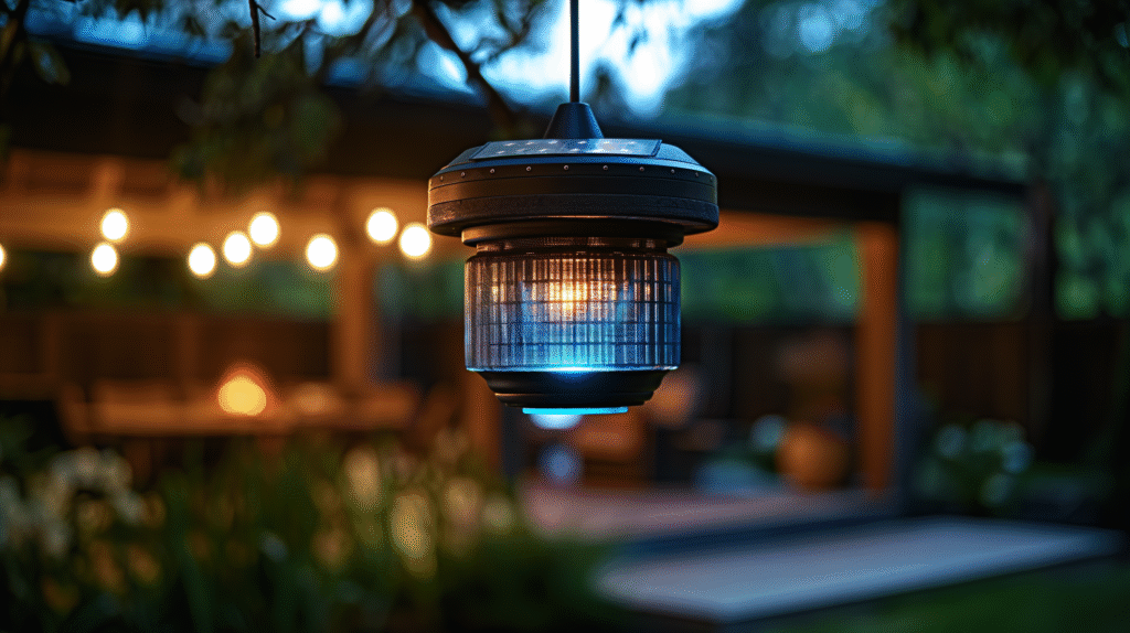 Solar-powered bug zapper lighting up an outdoor patio, keeping the area insect-free during evening relaxation.