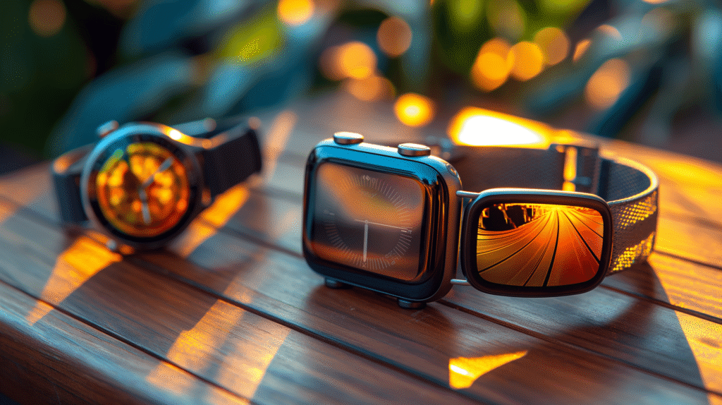 Illustration showing how solar-powered wearables like smartwatches and fitness bands capture sunlight to generate power, with visual elements of solar panels and energy flow.