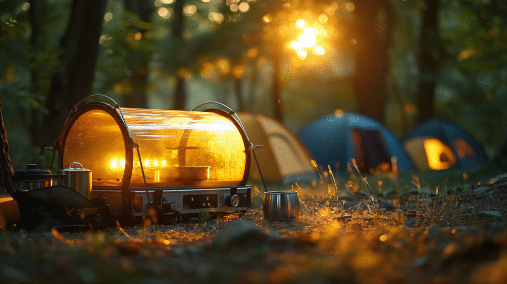 Illustration showing the inner workings of a solar oven harnessing sunlight to cook food outdoors.