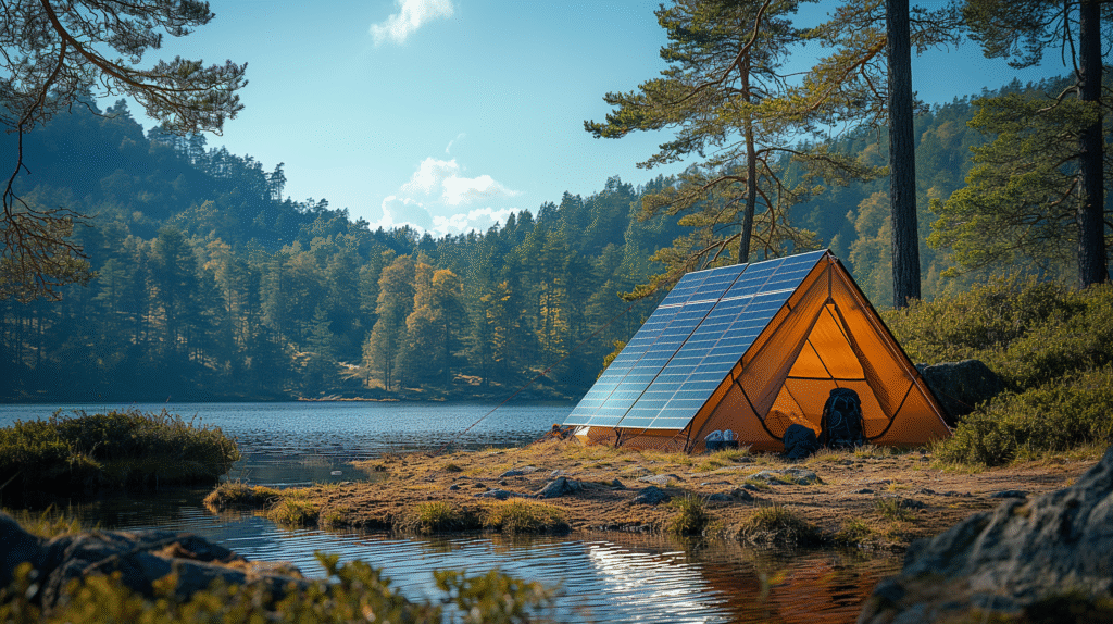 Portable foldable solar panels charging devices outdoors during a camping and hiking trip.