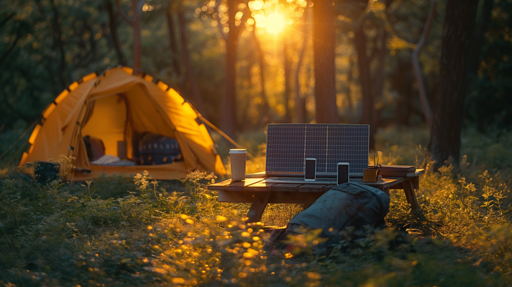 Solar-powered laptop charger connected to a laptop outdoors, showing how it works for portable and eco-friendly charging.