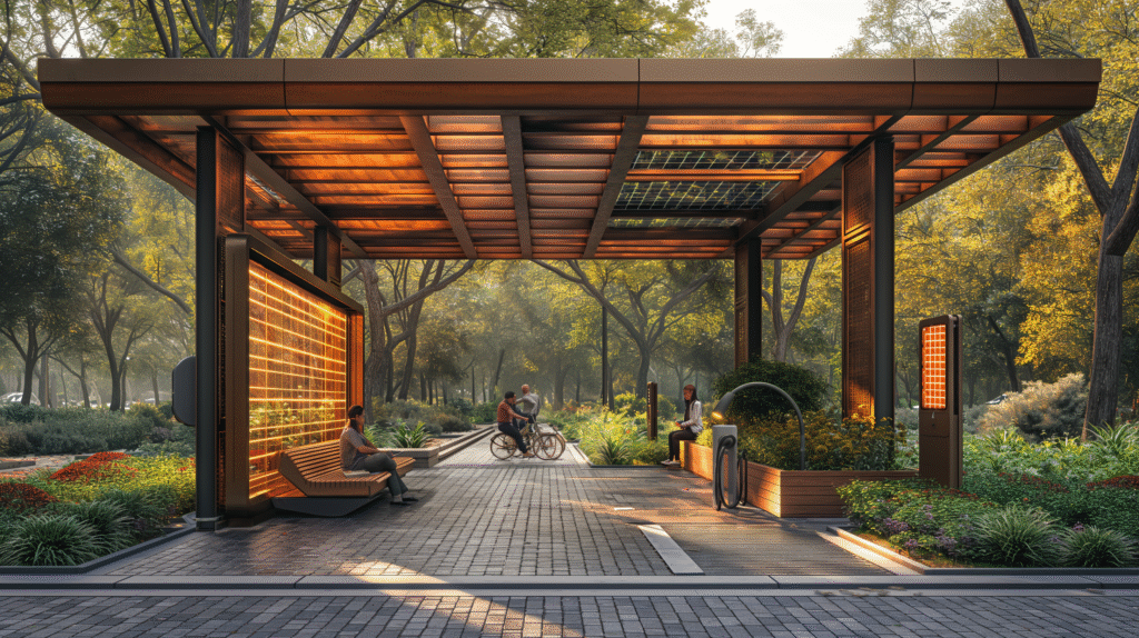 Solar charging station setup showing panels and devices being powered for sustainable energy use.