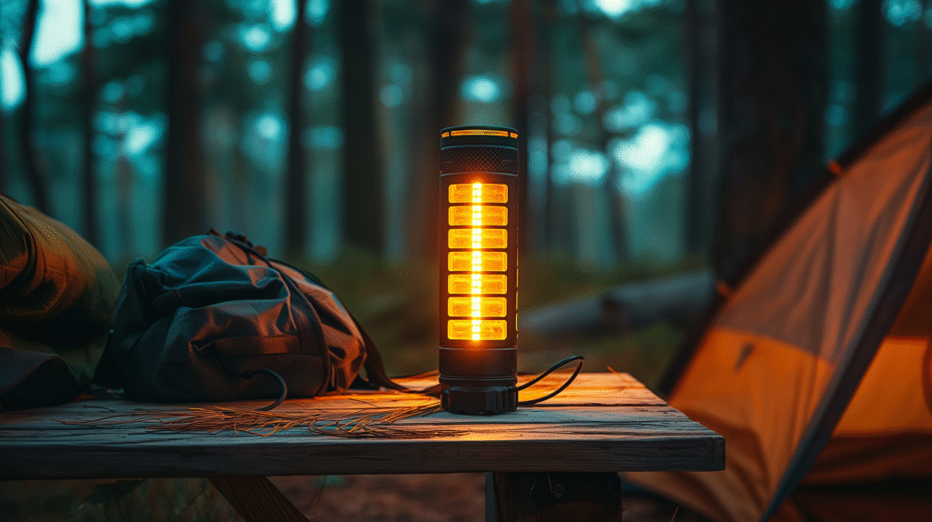 Close-up of a solar-powered flashlight charging under sunlight, ready for use in outdoor and emergency situations.