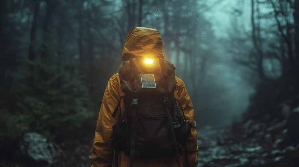 Solar-powered headlamp glowing on a camper’s head at night, providing reliable and sustainable lighting.