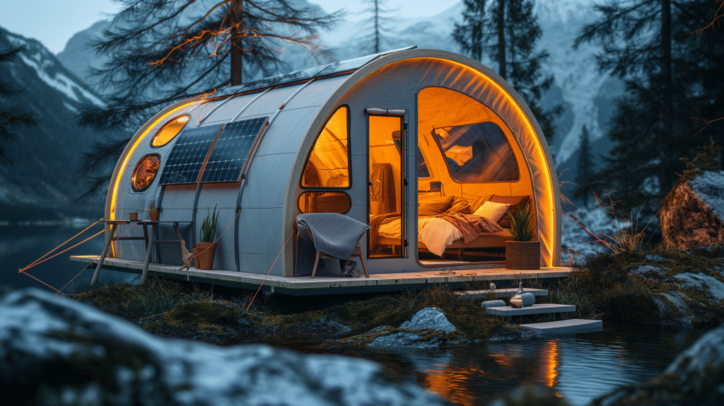 Solar-powered tent with integrated panels collecting sunlight at a campsite, showing how it generates energy for lights and devices.