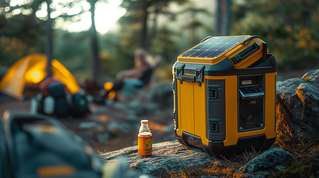 Solar-powered cooler outdoors keeping food and drinks fresh using renewable energy.